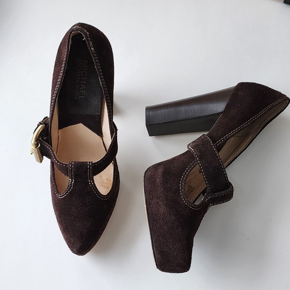 MICHAEL KORS SUEDE ANNABEL T-STRAP PLATFORM PUMPS DARK BROWN SIZE 8M